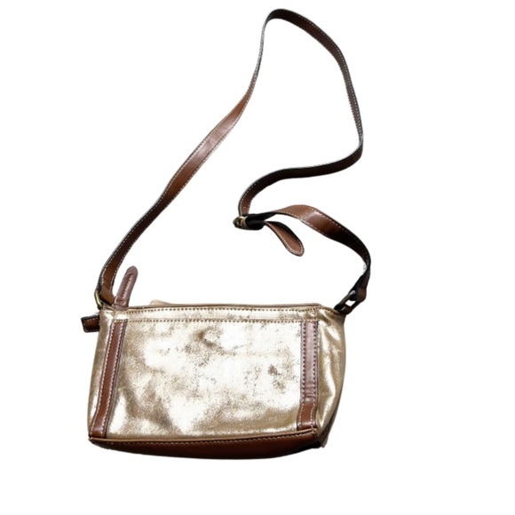 Chaps Metallic Gold Brown Faux Leather Zip Crossbody Bag Functional Stylish Bag - Picture 6 of 16